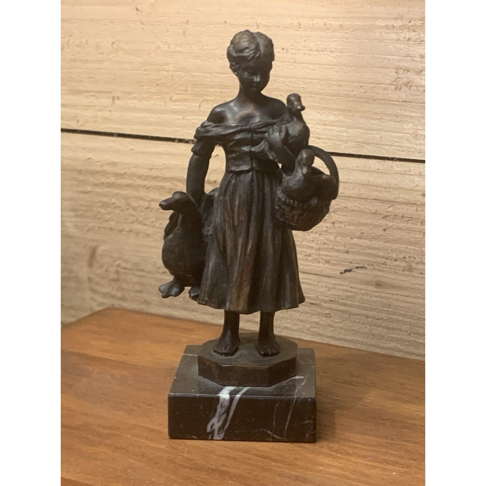 Vintage Bronze Girl Statue on‎ Marble Holding Goose Basket of Baby Geese Italy